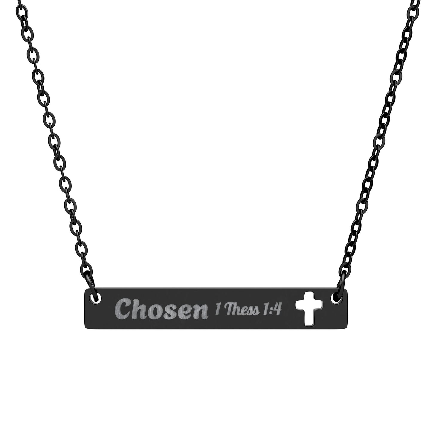 Cutout Cross Bar Necklace — Engraved "Chosen" Personalized Religious Pendant