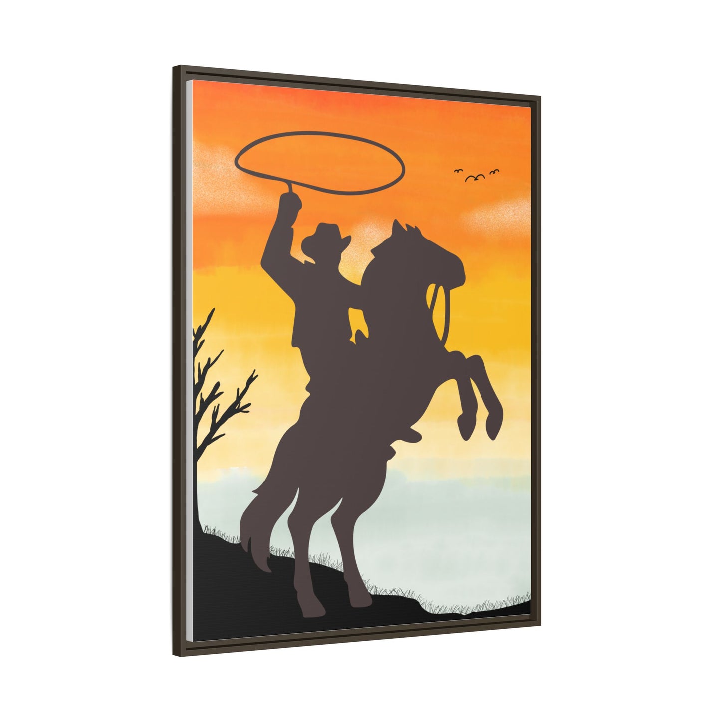 Framed Canvas Art Print Western Home Decor Rustic Wall Art Gift for Cowgirl or Cowboy Country Housewarming Rodeo Home Decor Cowboy Sunset