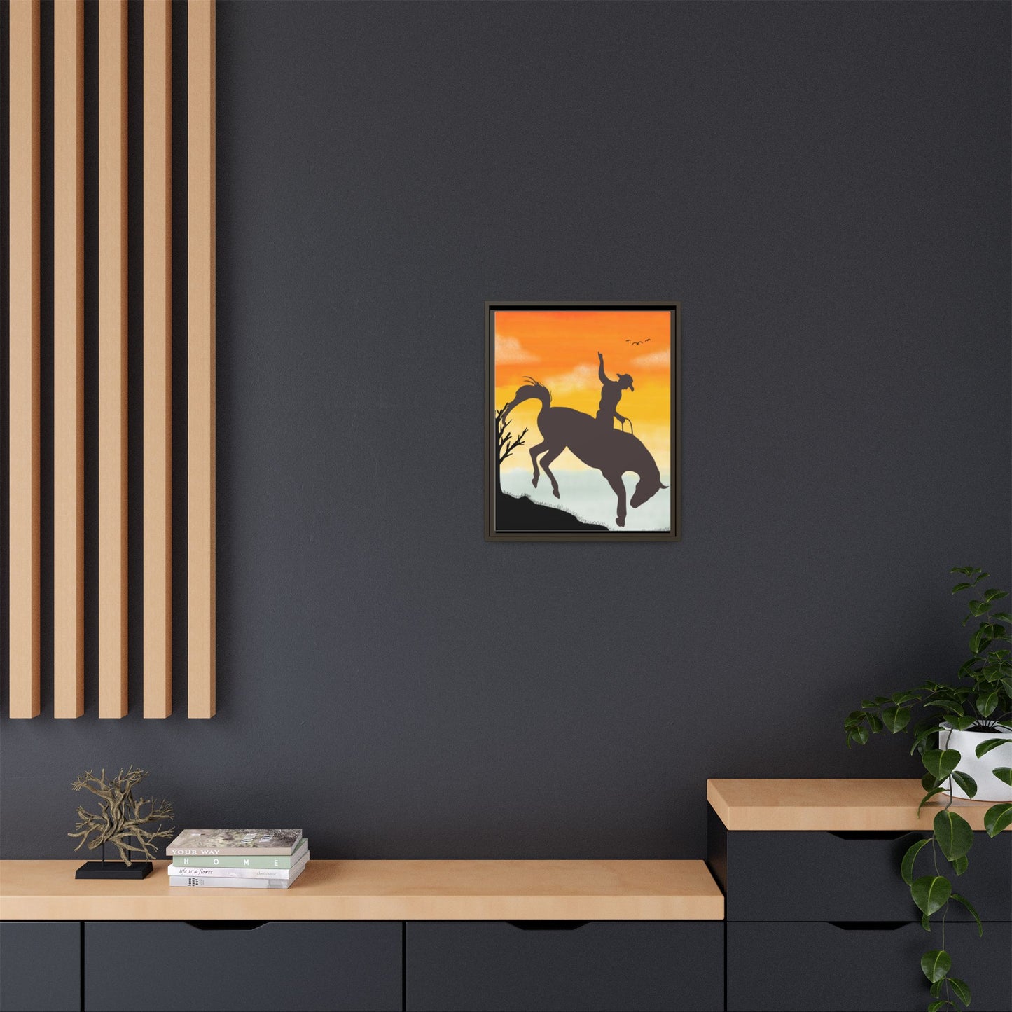 Framed Cowboy Sunset Canvas Art Equestrian Decor Farmhouse Wall Art Rustic Home Decoration Gift for Horse Lovers Rodeo Decor Housewarming Gift