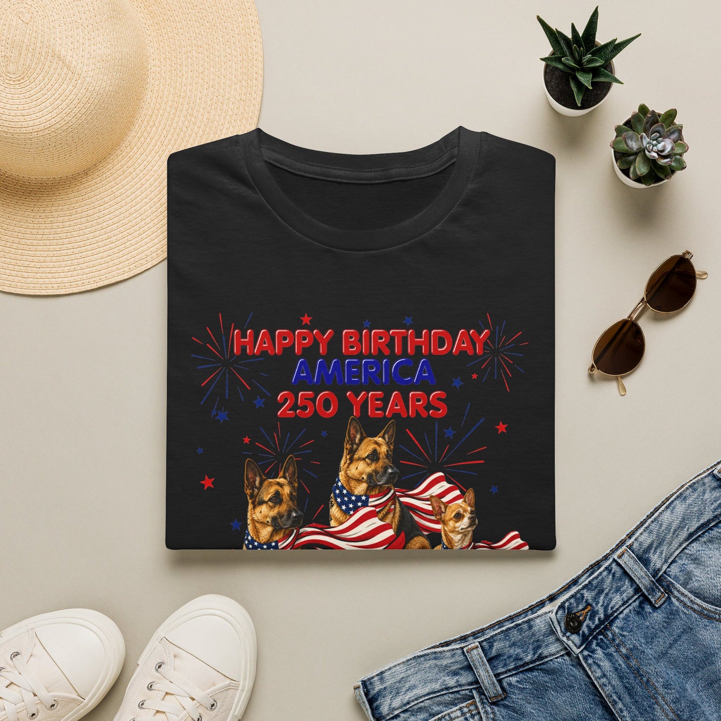 1776–2026 Happy Birthday America T-Shirt — 250 Years Patriotic Flag Dogs Tee