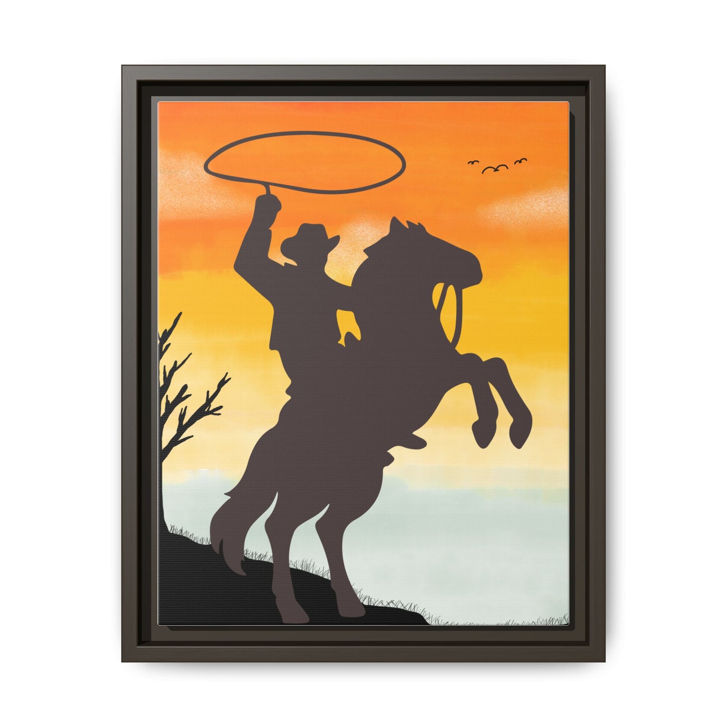 Framed Canvas Art Print Western Home Decor Rustic Wall Art Gift for Cowgirl or Cowboy Country Housewarming Rodeo Home Decor Cowboy Sunset