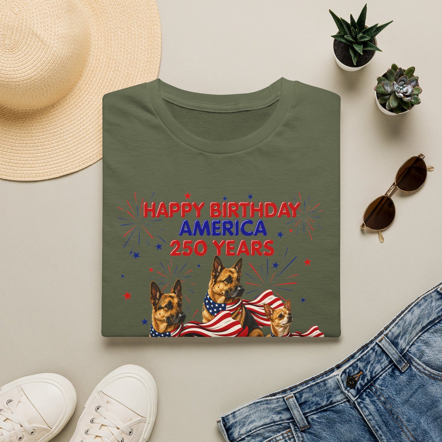 1776–2026 Happy Birthday America T-Shirt — 250 Years Patriotic Flag Dogs Tee