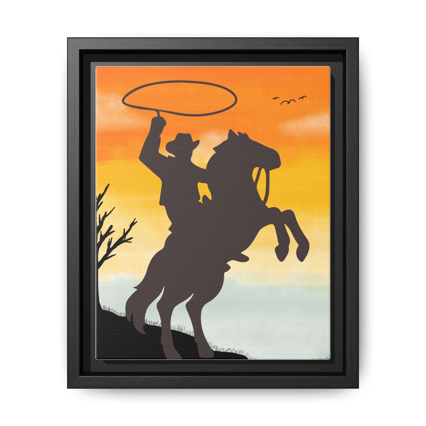 Framed Canvas Art Print Western Home Decor Rustic Wall Art Gift for Cowgirl or Cowboy Country Housewarming Rodeo Home Decor Cowboy Sunset