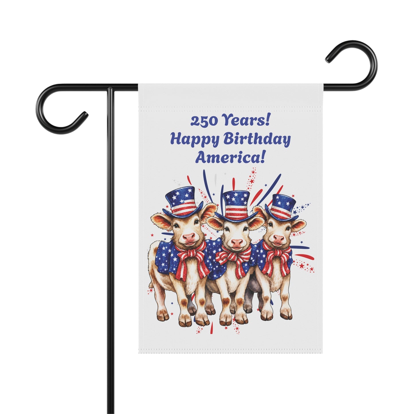 Garden Flag – 250 Years! Happy Birthday America! Patriotic Cows Outdoor Banner
