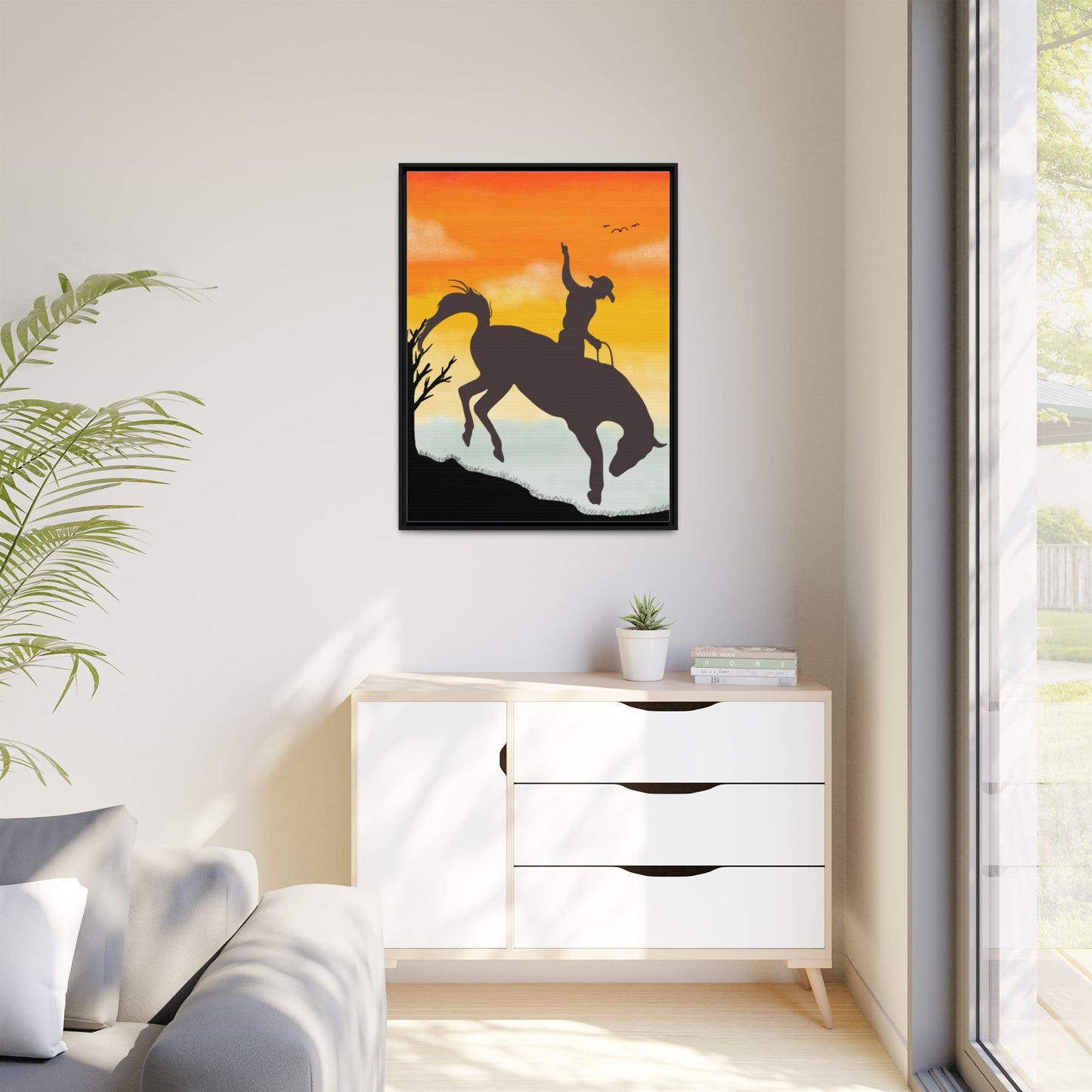 Framed Cowboy Sunset Canvas Art Equestrian Decor Farmhouse Wall Art Rustic Home Decoration Gift for Horse Lovers Rodeo Decor Housewarming Gift