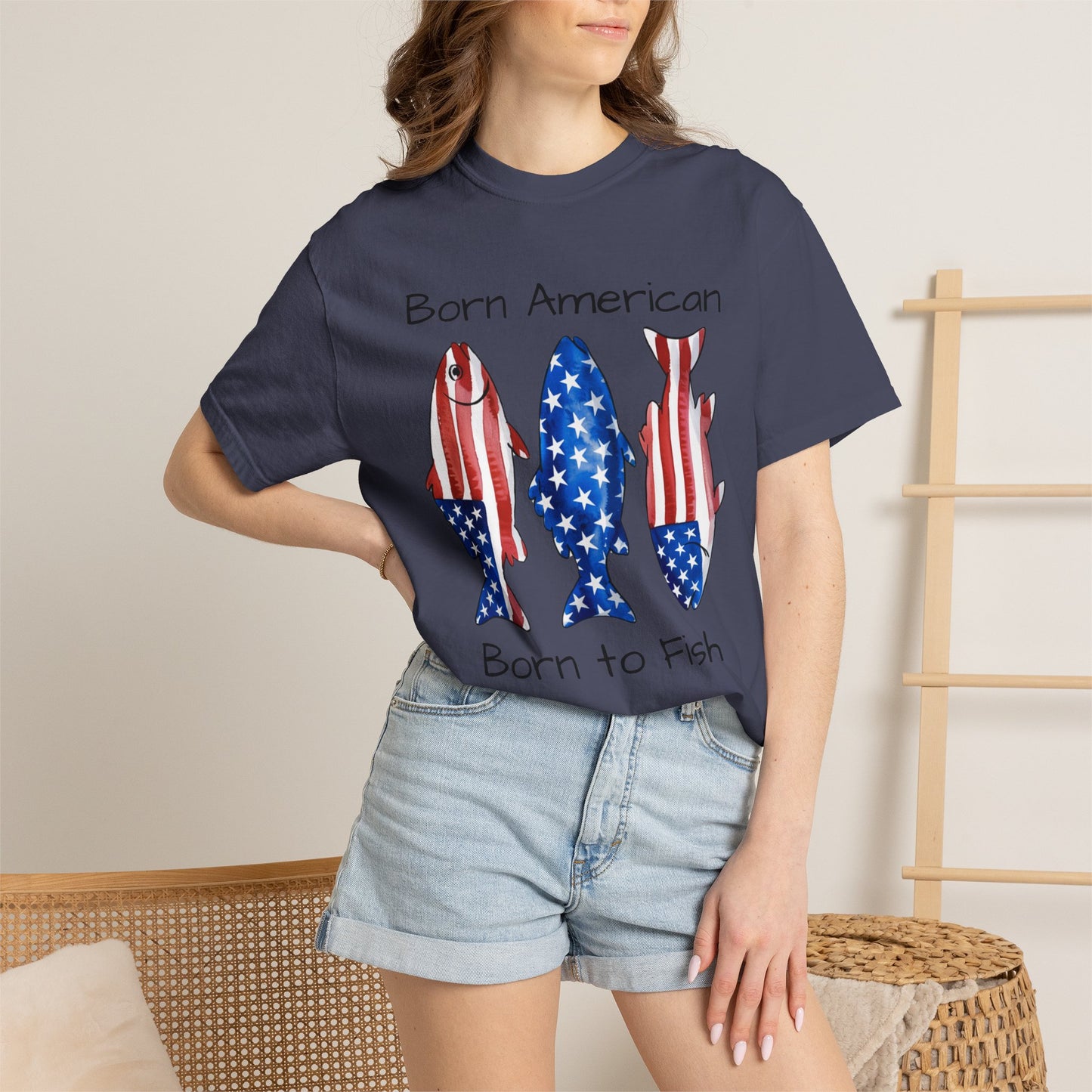 T-Shirt — "Born American Born to Fish" Patriotic Fishing Tee