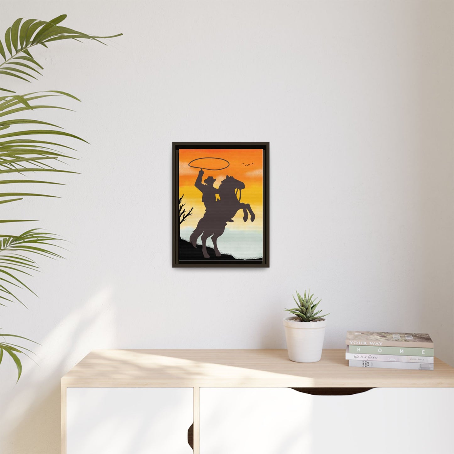 Framed Canvas Art Print Western Home Decor Rustic Wall Art Gift for Cowgirl or Cowboy Country Housewarming Rodeo Home Decor Cowboy Sunset