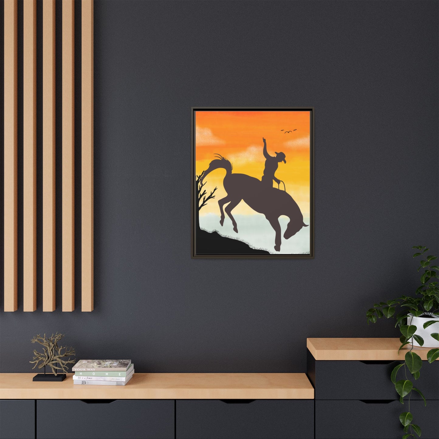 Framed Cowboy Sunset Canvas Art Equestrian Decor Farmhouse Wall Art Rustic Home Decoration Gift for Horse Lovers Rodeo Decor Housewarming Gift