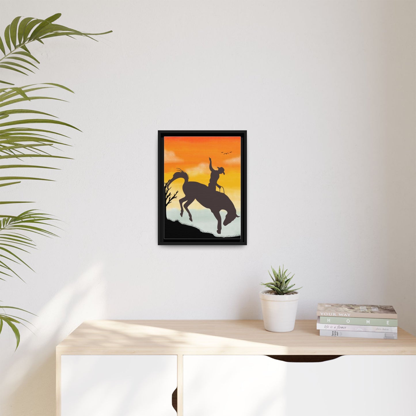 Framed Cowboy Sunset Canvas Art Equestrian Decor Farmhouse Wall Art Rustic Home Decoration Gift for Horse Lovers Rodeo Decor Housewarming Gift