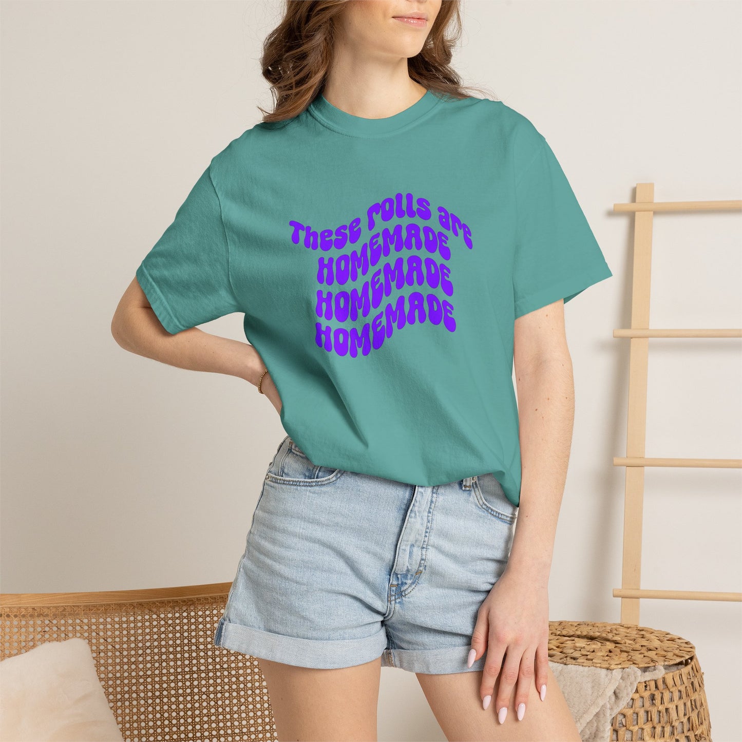 T-Shirt — "These Rolls Are Homemade" Retro Wavy Text Graphic Tee