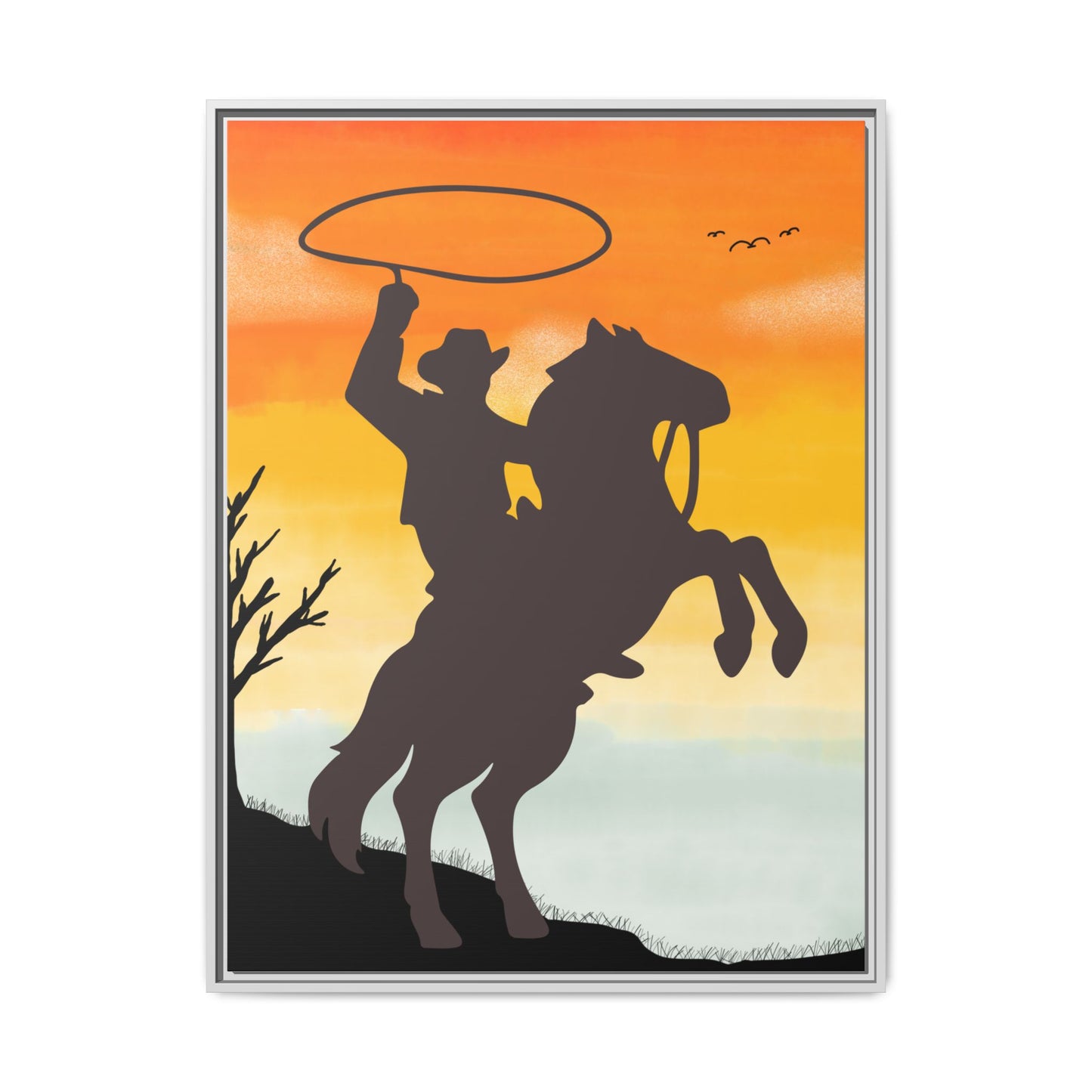 Framed Canvas Art Print Western Home Decor Rustic Wall Art Gift for Cowgirl or Cowboy Country Housewarming Rodeo Home Decor Cowboy Sunset