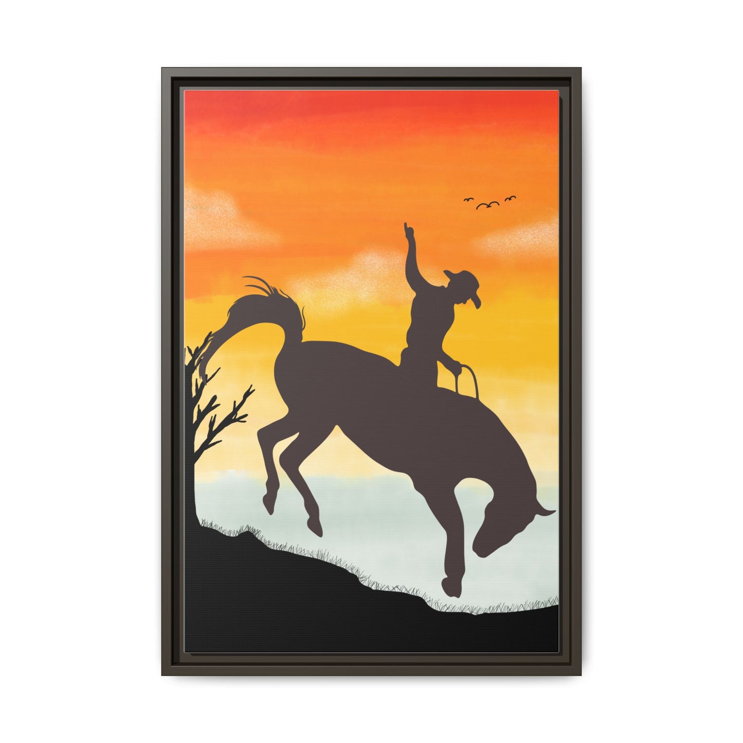 Framed Cowboy Sunset Canvas Art Equestrian Decor Farmhouse Wall Art Rustic Home Decoration Gift for Horse Lovers Rodeo Decor Housewarming Gift