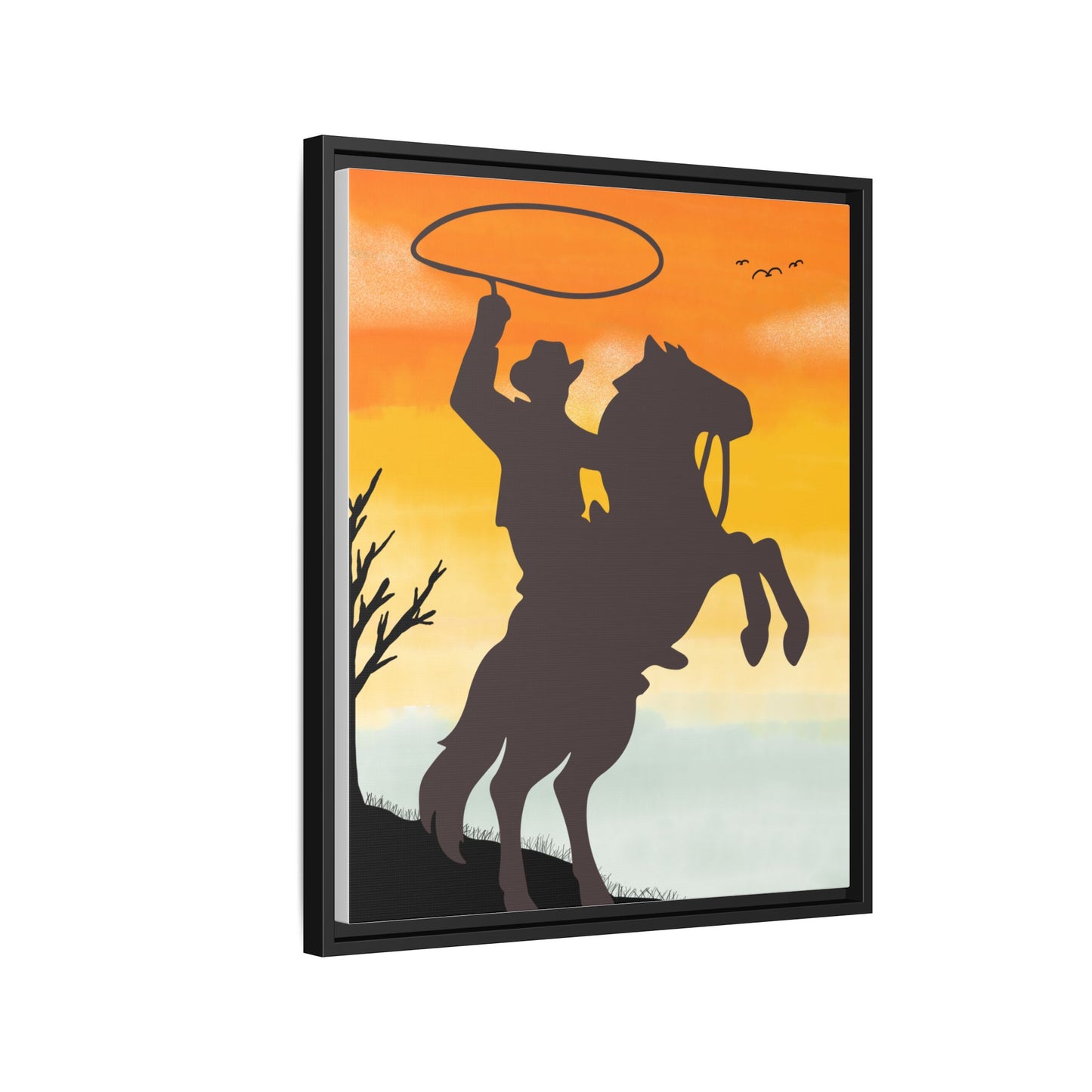 Framed Canvas Art Print Western Home Decor Rustic Wall Art Gift for Cowgirl or Cowboy Country Housewarming Rodeo Home Decor Cowboy Sunset