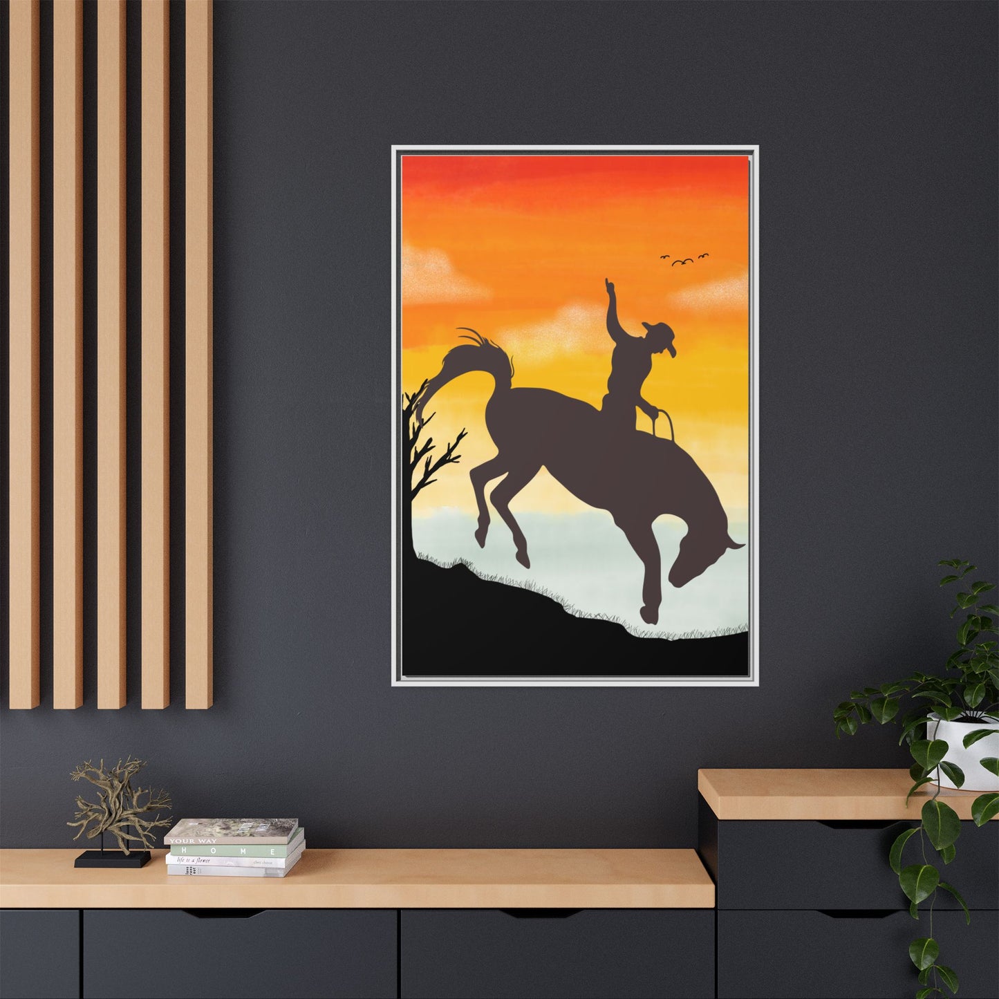 Framed Cowboy Sunset Canvas Art Equestrian Decor Farmhouse Wall Art Rustic Home Decoration Gift for Horse Lovers Rodeo Decor Housewarming Gift