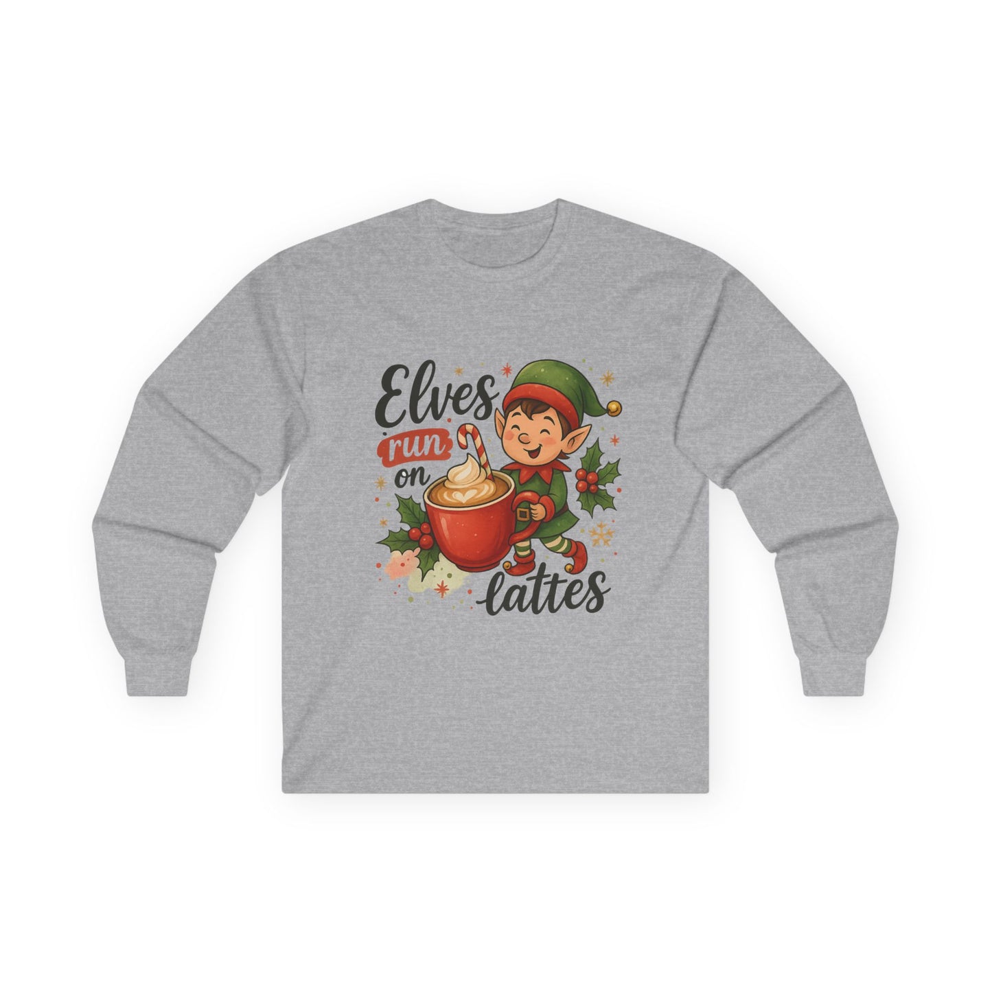 Christmas Elf Long Sleeve Tee, Holiday Shirt, Gift for Coffee Lovers, Festive Apparel, Elf-Themed Clothing