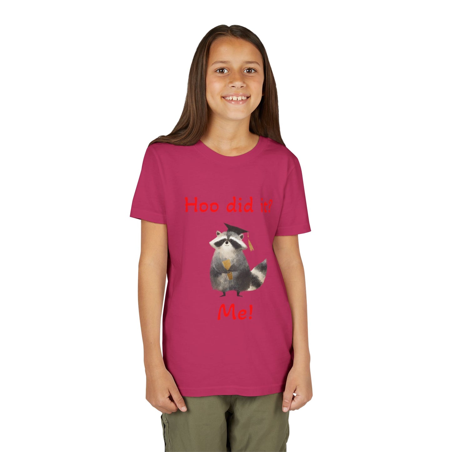 Youth Tee – Cute Raccoon “Hoo did it? Me!” Kids Shirt