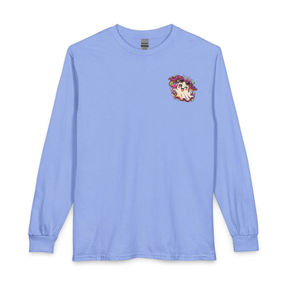 Halloween Long Sleeve Tee — "Just Here for the Boos" Ghost Party Shirt