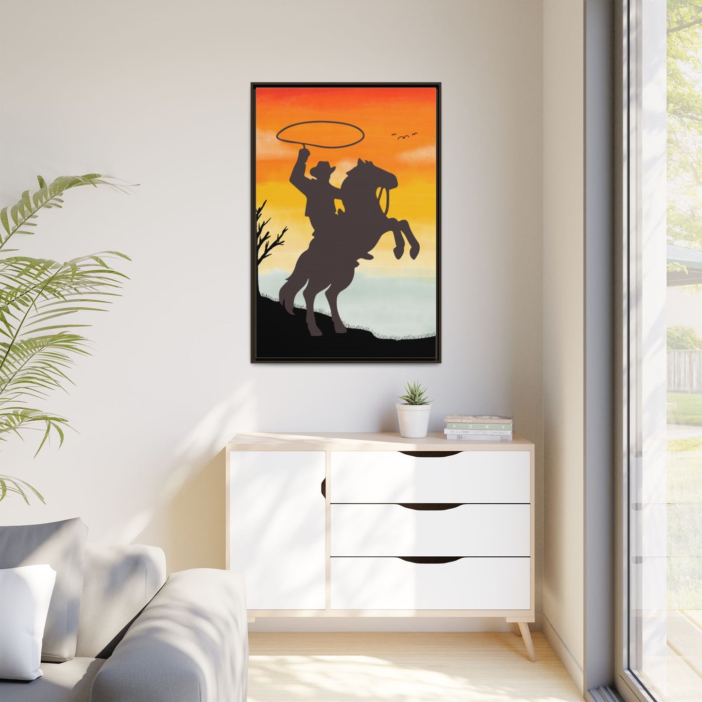 Framed Canvas Art Print Western Home Decor Rustic Wall Art Gift for Cowgirl or Cowboy Country Housewarming Rodeo Home Decor Cowboy Sunset