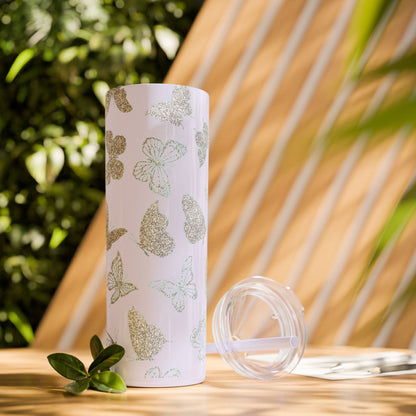 Tumbler Travel Butterfly Design Skinny Tumbler with Straw - 20oz, Stylish Drinkware for Nature Lovers Gift for Anyone