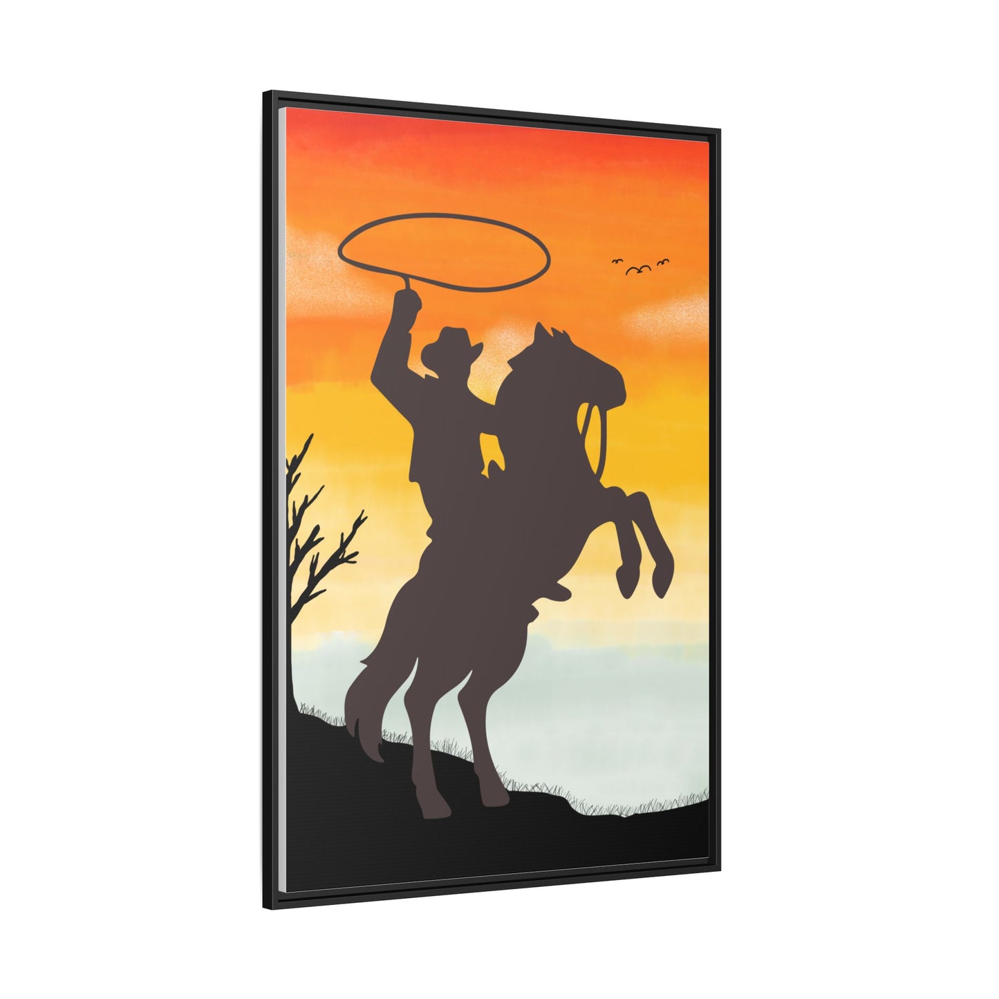 Framed Canvas Art Print Western Home Decor Rustic Wall Art Gift for Cowgirl or Cowboy Country Housewarming Rodeo Home Decor Cowboy Sunset