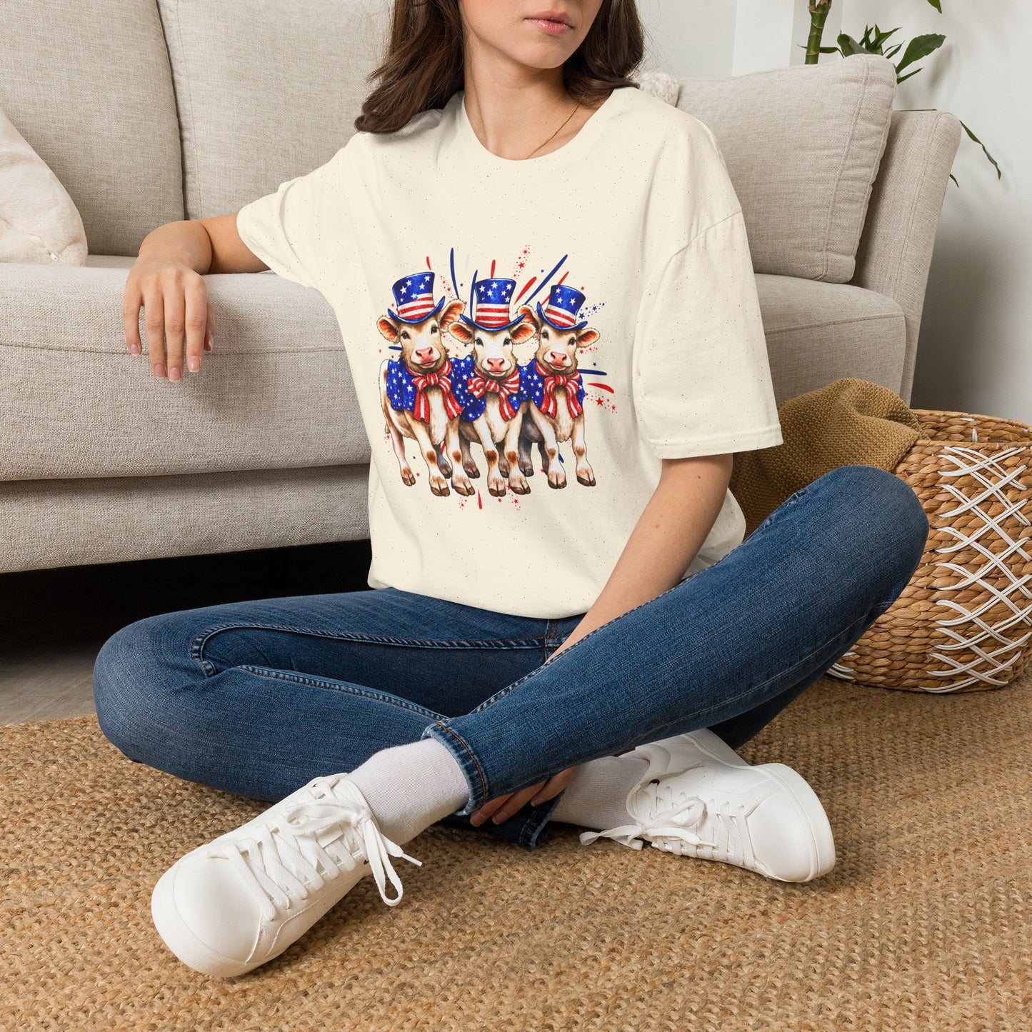American Patriotic Cows T-Shirt — 4th of July Cow Trio in Uncle Sam Hats