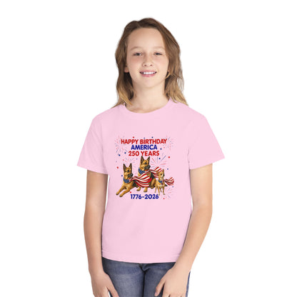 Youth Tee — "Happy Birthday America 250 Years 1776-2026" Patriotic German Shepherds