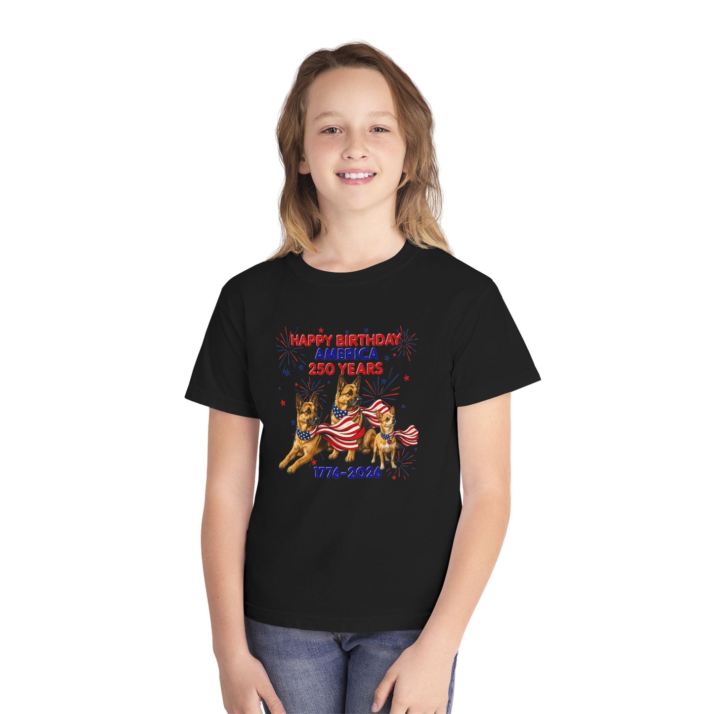 Youth Tee — "Happy Birthday America 250 Years 1776-2026" Patriotic German Shepherds