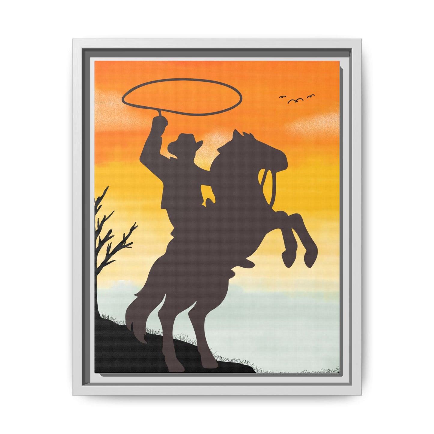 Framed Canvas Art Print Western Home Decor Rustic Wall Art Gift for Cowgirl or Cowboy Country Housewarming Rodeo Home Decor Cowboy Sunset