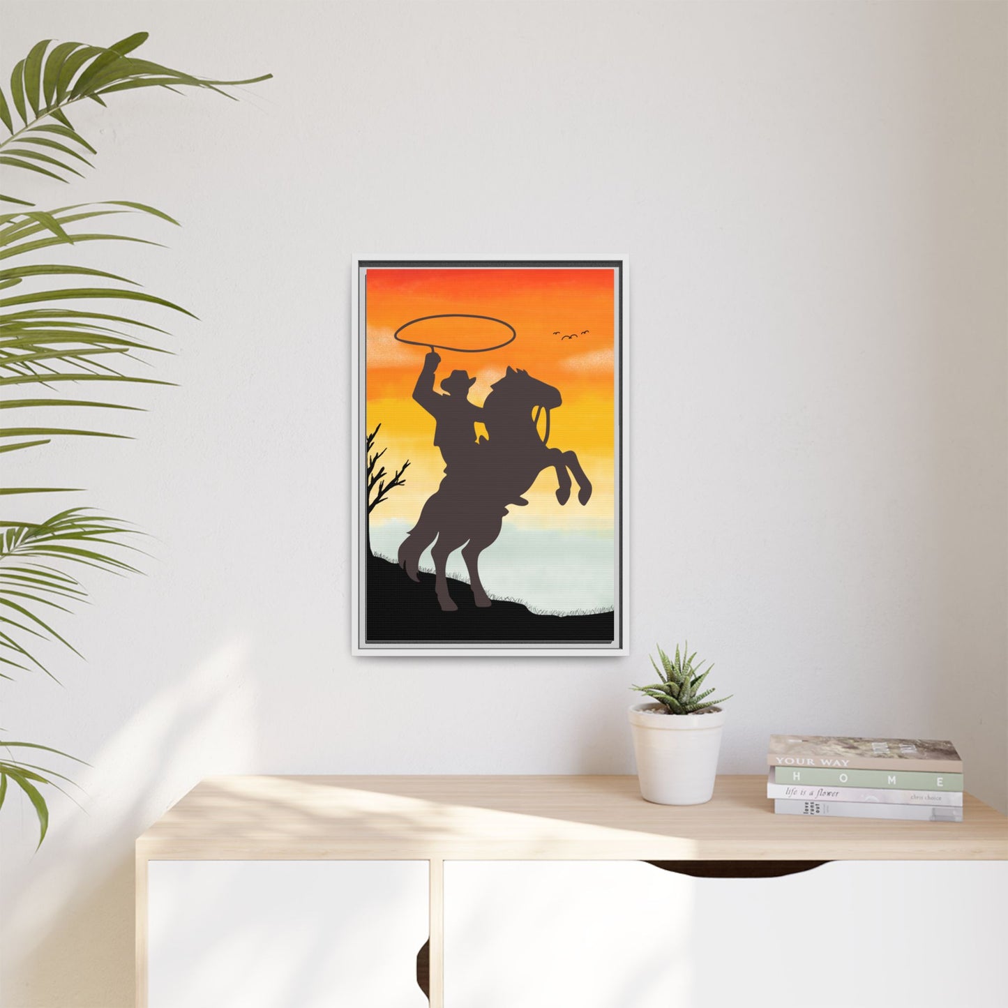 Framed Canvas Art Print Western Home Decor Rustic Wall Art Gift for Cowgirl or Cowboy Country Housewarming Rodeo Home Decor Cowboy Sunset