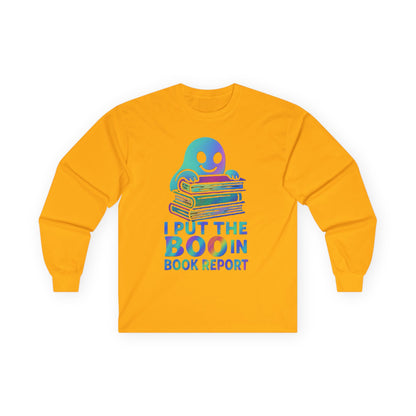 T-Shirt Whimsical Long Sleeve Tee for Book Lovers Halloween Shirt Cozy All-Seasons Top Fun Gift for Readers Book Report Humor Teacher Gift