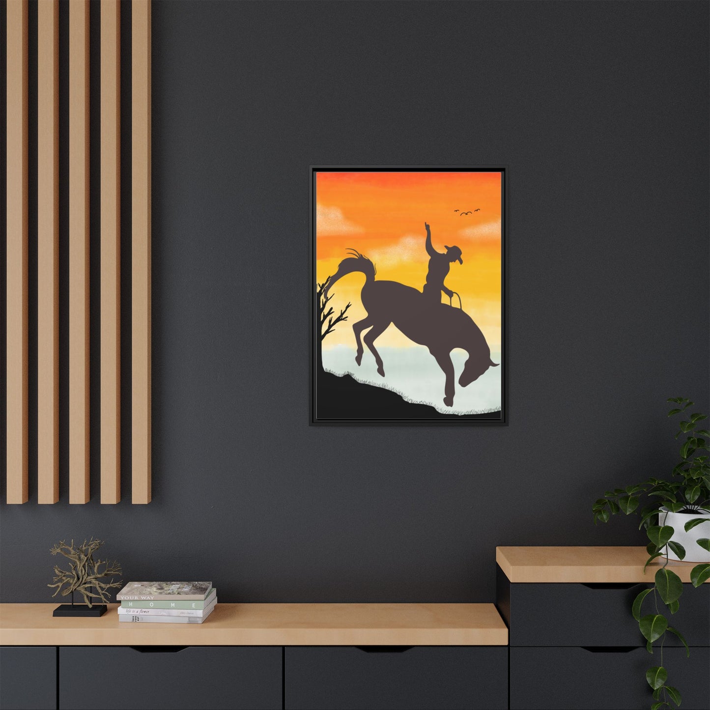 Framed Cowboy Sunset Canvas Art Equestrian Decor Farmhouse Wall Art Rustic Home Decoration Gift for Horse Lovers Rodeo Decor Housewarming Gift