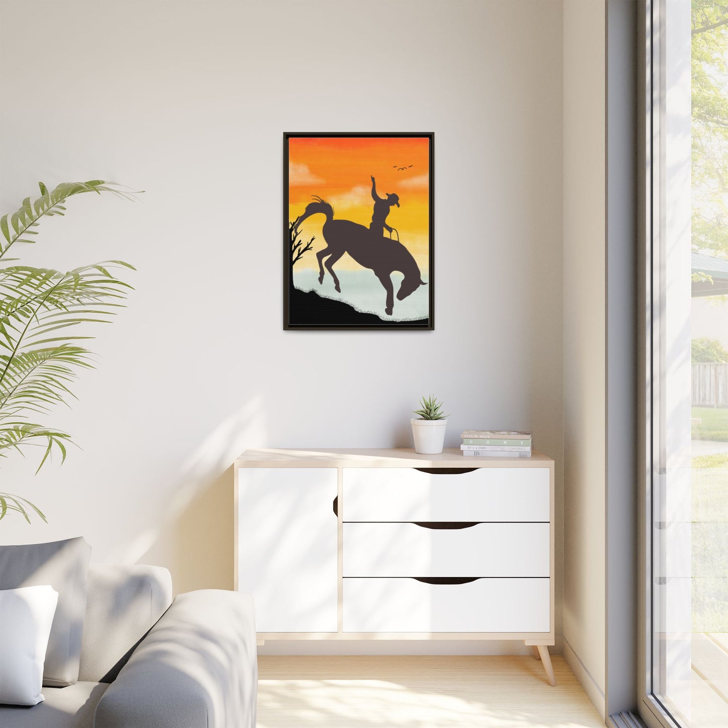 Framed Cowboy Sunset Canvas Art Equestrian Decor Farmhouse Wall Art Rustic Home Decoration Gift for Horse Lovers Rodeo Decor Housewarming Gift