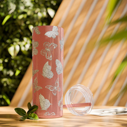 Tumbler Travel Butterfly Design Skinny Tumbler with Straw - 20oz, Stylish Drinkware for Nature Lovers Gift for Anyone