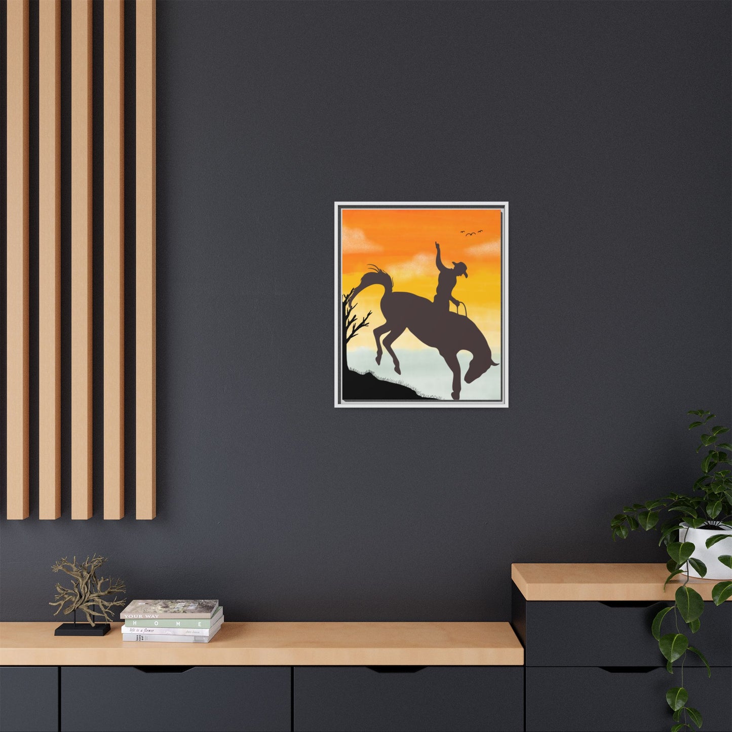 Framed Cowboy Sunset Canvas Art Equestrian Decor Farmhouse Wall Art Rustic Home Decoration Gift for Horse Lovers Rodeo Decor Housewarming Gift