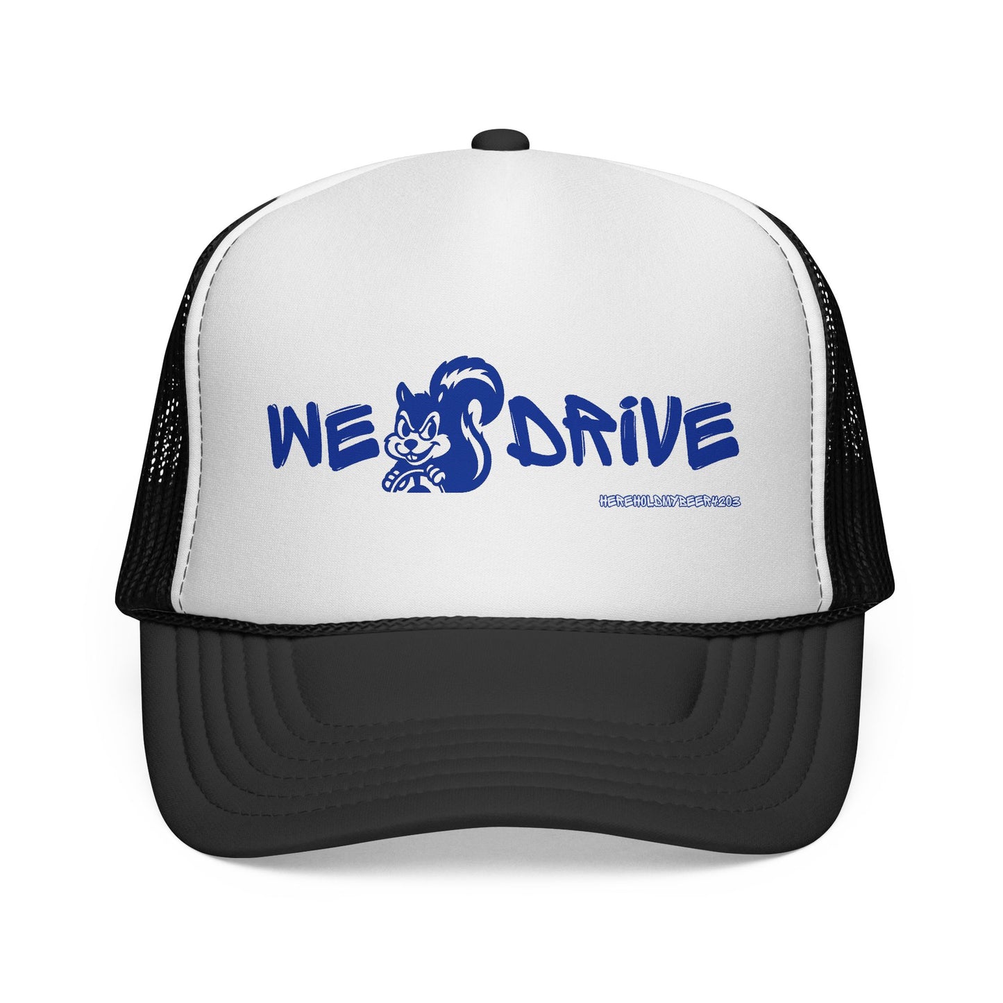 We Drive Trucker Hat — Blue Graphic Mesh Cap for Drivers & Car Enthusiasts