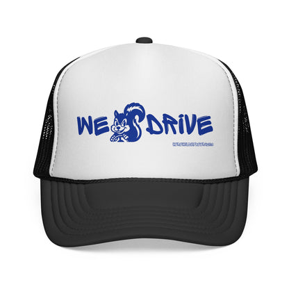We Drive Trucker Hat — Blue Graphic Mesh Cap for Drivers & Car Enthusiasts