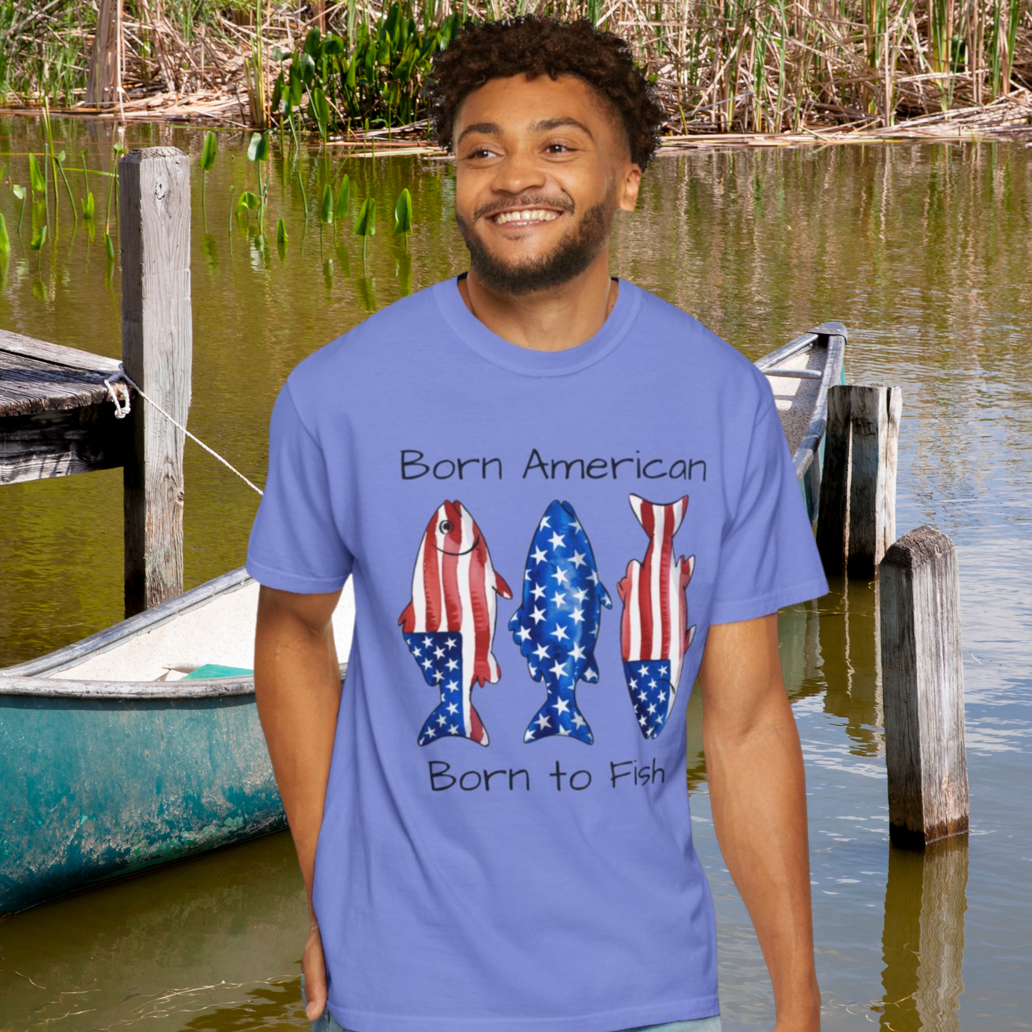 T-Shirt — "Born American Born to Fish" Patriotic Fishing Tee