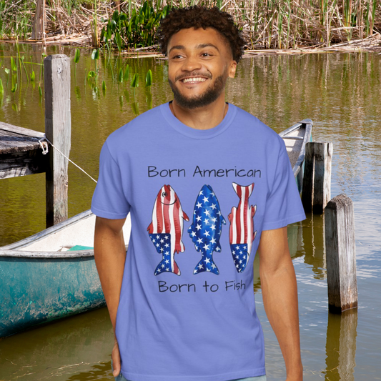 T-Shirt — "Born American Born to Fish" Patriotic Fishing Tee