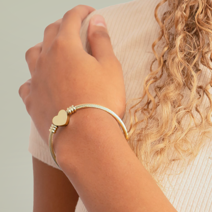 Engravable Heart Cuff Bracelet — Personalized 'MOM' Charm (Silver or Gold)