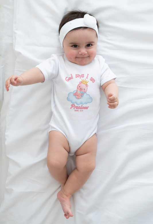 Infant Bodysuit - "God Says I Am Precious" Cute Crowned Baby Design (Christian Newborn Gift)