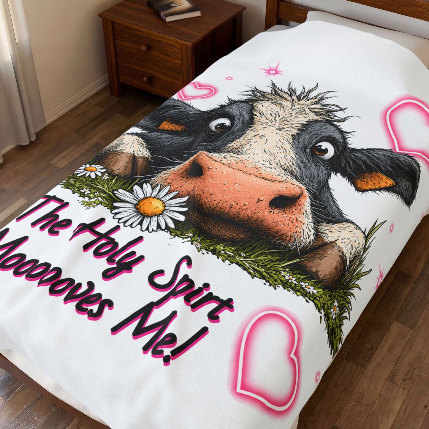 Velveteen Blanket – "The Holy Spirit Moooooves Me" Cute Cow Plush Throw