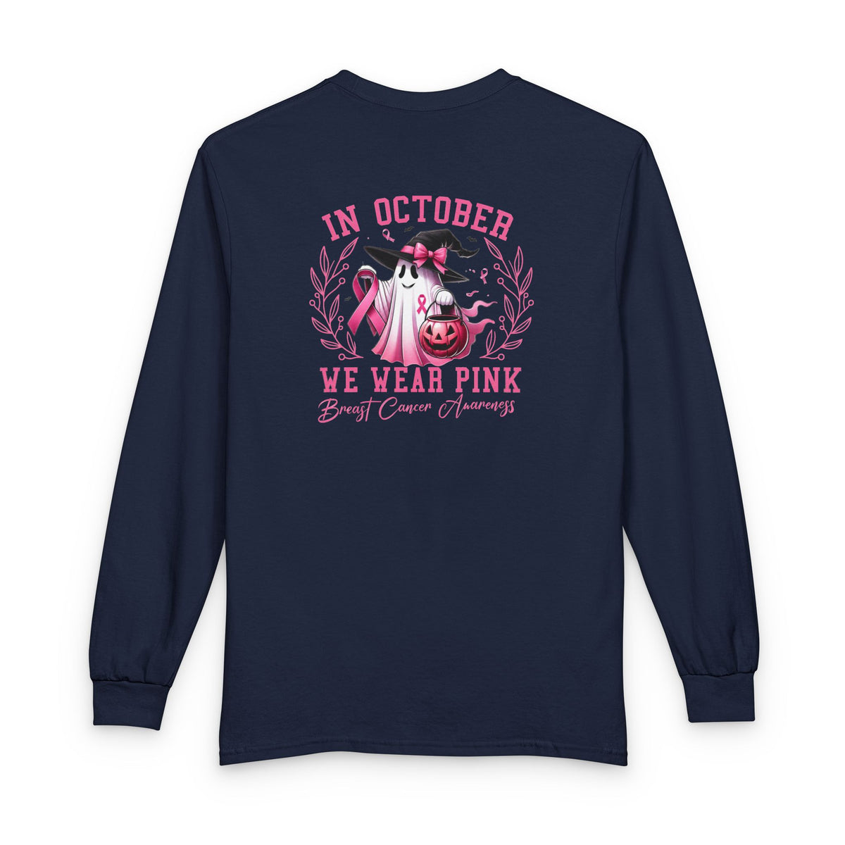 Breast Cancer Awareness Long Sleeve Tee — "In October We Wear Pink" Cow Design