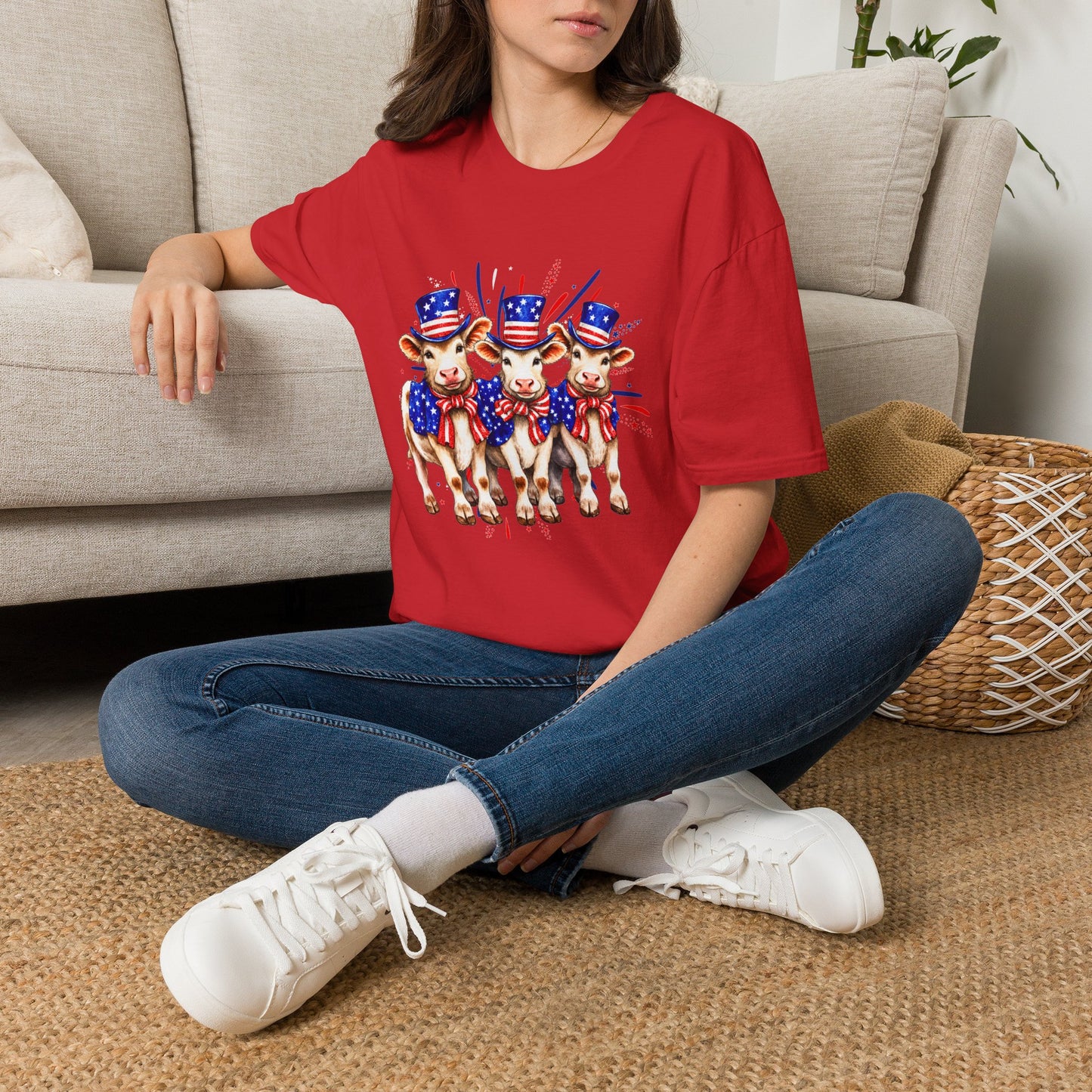 American Patriotic Cows T-Shirt — 4th of July Cow Trio in Uncle Sam Hats