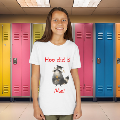 Youth Tee – Cute Raccoon “Hoo did it? Me!” Kids Shirt