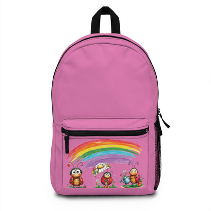 Pink Kids Backpack with Rainbow & Cute Bug Friends — School Bookbag for Girls