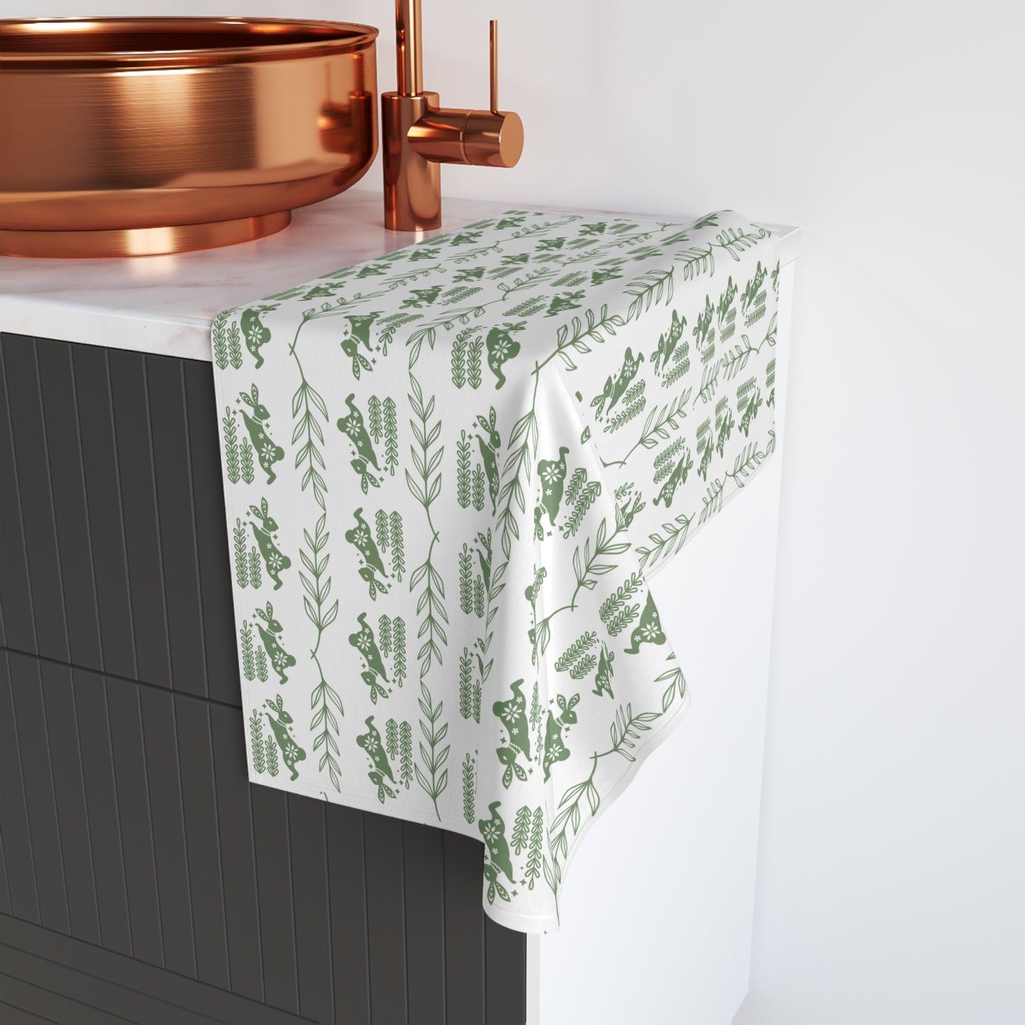 Botanical Stripe Hand Towel — Green Leaf Pattern Kitchen Towel