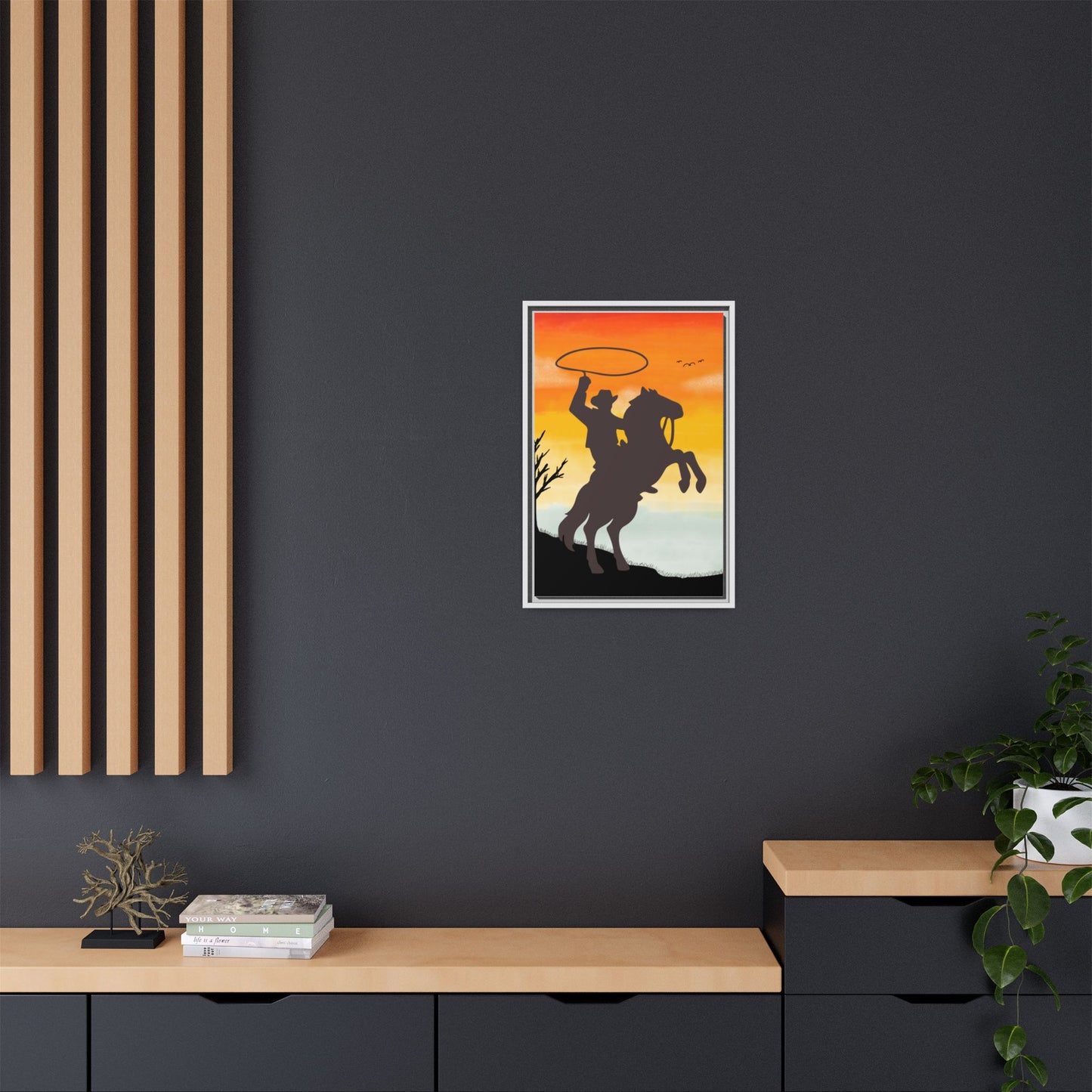 Framed Canvas Art Print Western Home Decor Rustic Wall Art Gift for Cowgirl or Cowboy Country Housewarming Rodeo Home Decor Cowboy Sunset
