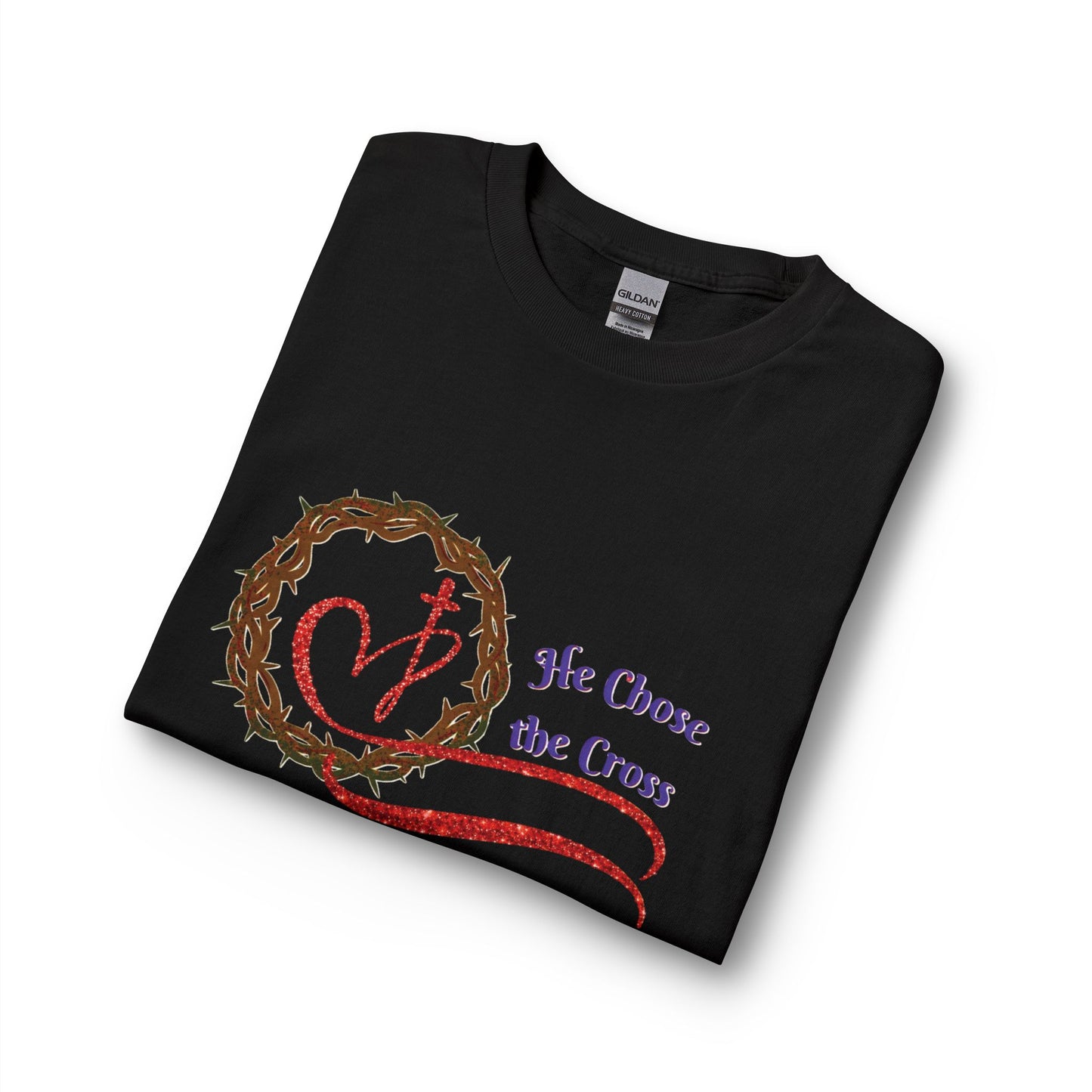 Long Sleeve Tee “He Chose the Cross” Christian Crown of Thorns Heart Design