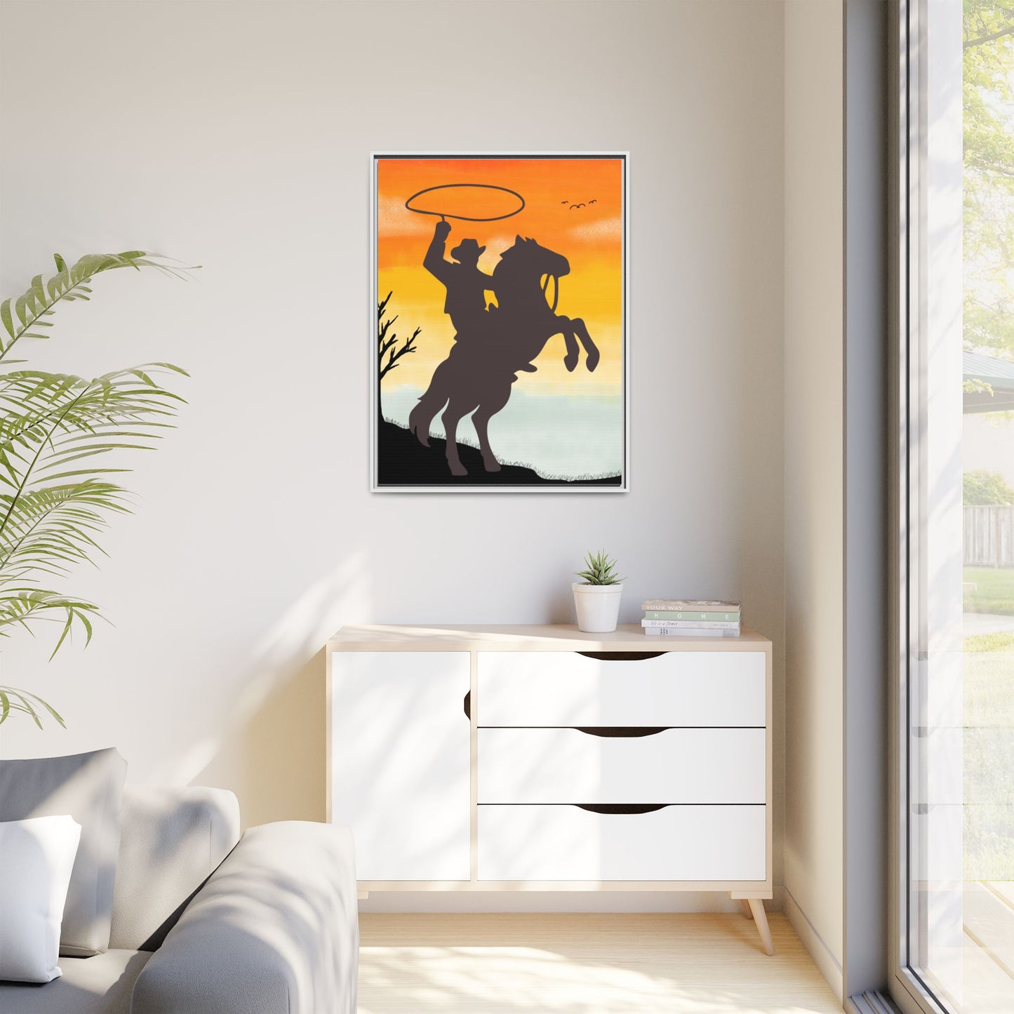 Framed Canvas Art Print Western Home Decor Rustic Wall Art Gift for Cowgirl or Cowboy Country Housewarming Rodeo Home Decor Cowboy Sunset