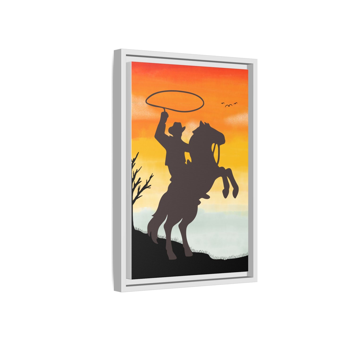 Framed Canvas Art Print Western Home Decor Rustic Wall Art Gift for Cowgirl or Cowboy Country Housewarming Rodeo Home Decor Cowboy Sunset